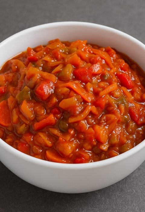 lecka südafrikanisches Schakalaka in einer weißen Schüssel – farbenfrohes Gemüsegericht mit Paprika, Karotten, Bohnen und Tomaten