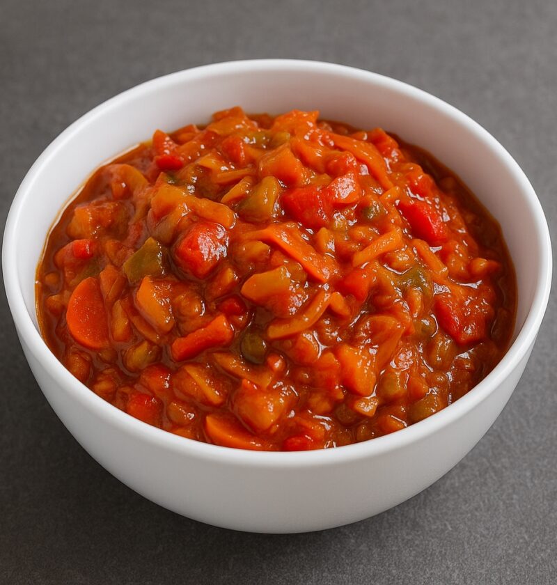 lecka südafrikanisches Schakalaka in einer weißen Schüssel – farbenfrohes Gemüsegericht mit Paprika, Karotten, Bohnen und Tomaten